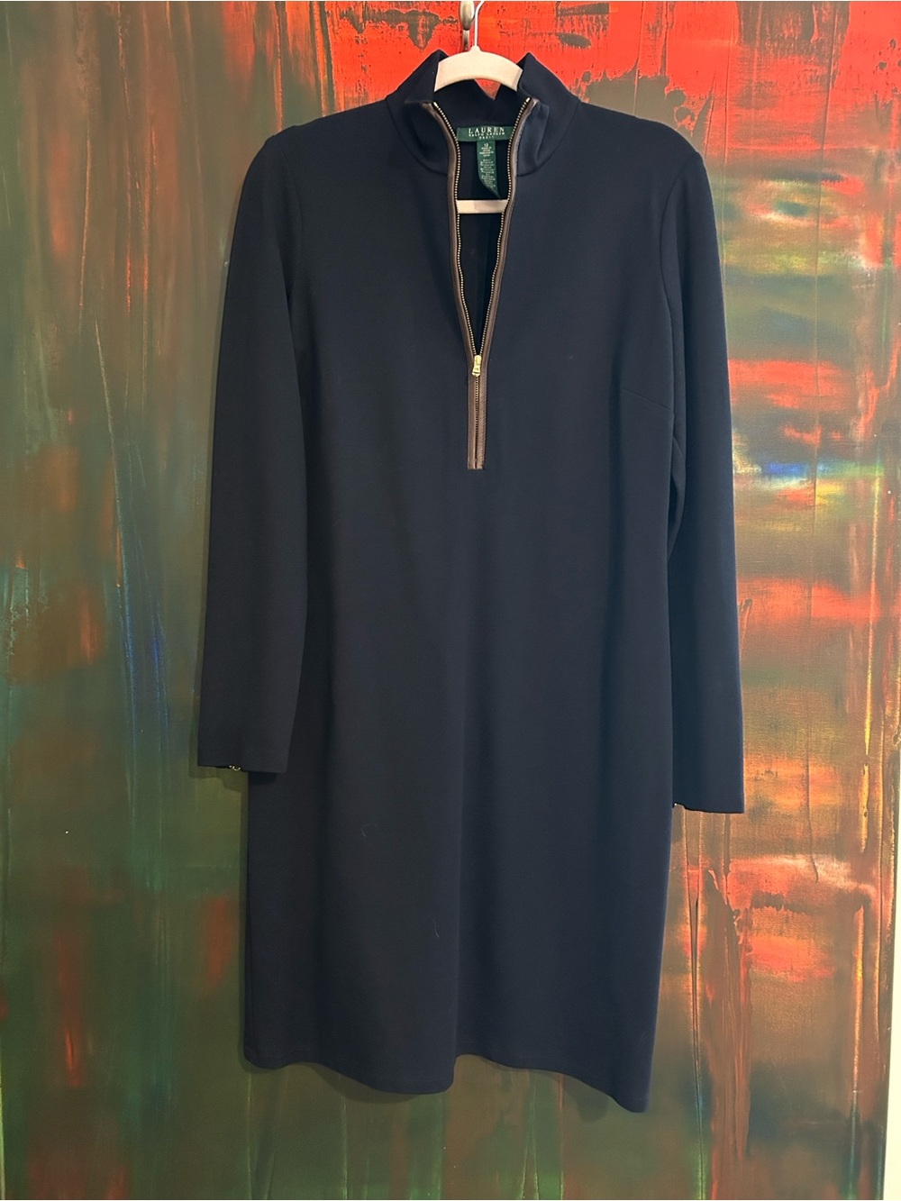 Ralph Lauren Black Long Sleeve Zip-Up Dress with Gold Zip